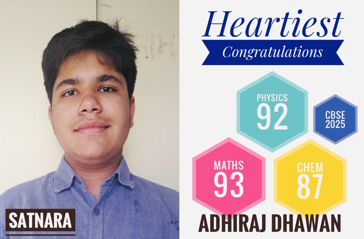 SatnaraAcademy's tweet image. Meet Adhiraj Dhawan #cbsetopper #CBSE2025
Physics- 92, Chem- 87, Maths 93

#BestIITJEECoachingInDelhiNCR
#BestNEETCoachingInDelhiNCR
#BestPhysicsTeacherInIndia

#StudyWithIITians #jeemains2025 #jeemains #jeeadvanced #JEETestSeries #BITSAT2025 #CBSE2025 #iitjeepreparation #iitjee