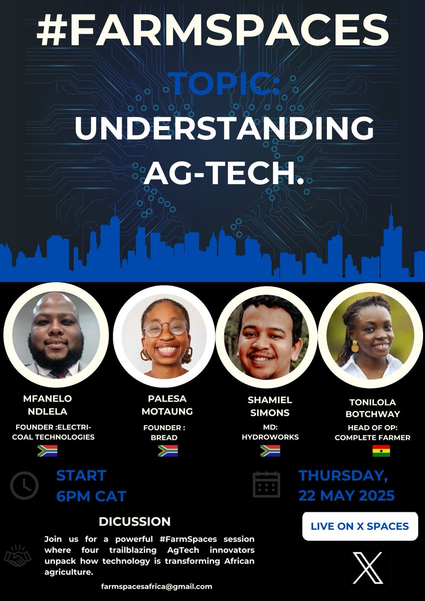 Tonight is the night we discuss agtech! #farmspaces #farmspacesafrica. 

Apologies for the date error. We host the show every THURSDAY AT 6PM CAT.

Save and share the link: x.com/i/spaces/1YqJD…