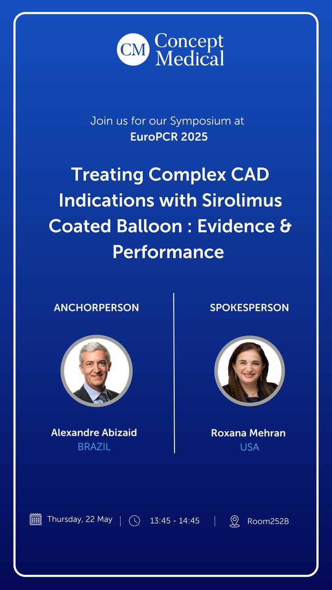 Concept Medical (@conceptmedicals) on Twitter photo 📍 Join us today for symposium at #EuroPCR2025!
🗓️ May 22 | 🕐 13:45 – 14:45 | Room 252B
Topic: Treating Complex CAD w/ Sirolimus Coated Balloon
<a href="/PCRonline/">PCRonline 🫀</a>
🔗 conference.conceptmedical.com/europcr2025
#MagicTouch #InterventionalCardiology #SCB #CAD 📍 Join us today for symposium at #EuroPCR2025!
🗓️ May 22 | 🕐 13:45 – 14:45 | Room 252B
Topic: Treating Complex CAD w/ Sirolimus Coated Balloon
<a href="/PCRonline/">PCRonline 🫀</a>
🔗 conference.conceptmedical.com/europcr2025
#MagicTouch #InterventionalCardiology #SCB #CAD