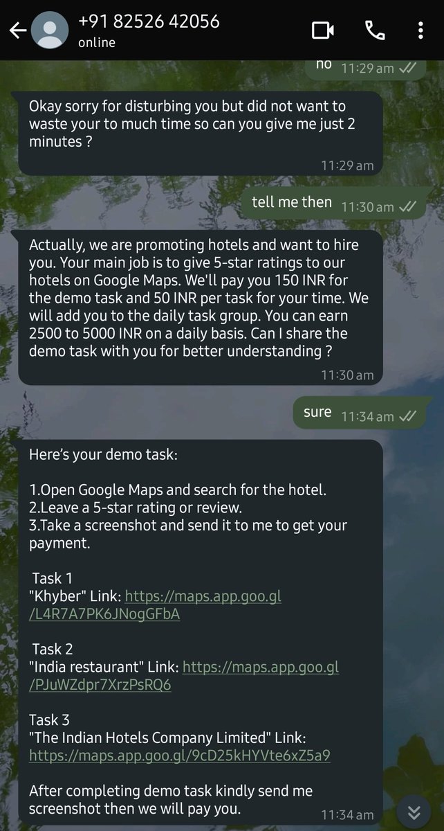 anuridhisingh's tweet image. Who has faced such scammers on WhatsApp?
He/She paid me 150 for 3 fake ratings on Google maps. And now trying to follow up on it.