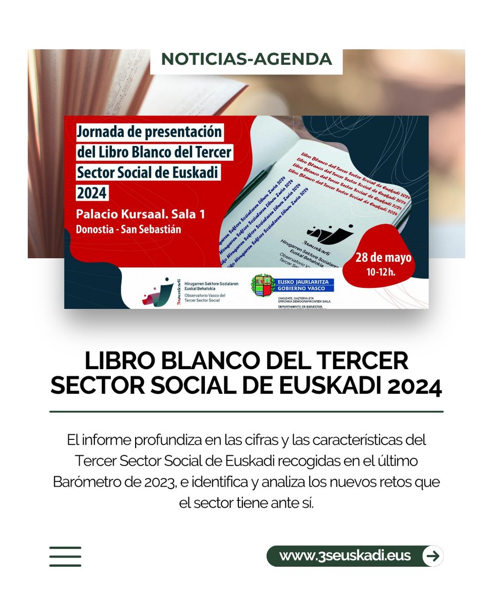 Compartimos información de la jornada organizada por <a href="/3sEuskadi/">OVTSS</a> 
"Presentación del Libro Blanco del Tercer Sector Social de Euskadi 2024"
🗓 28 mayo⏰10:00-12.00
📍Palacio Kursaal (Donostia)

🔗 3seuskadi.eus/encuentro/jorn…