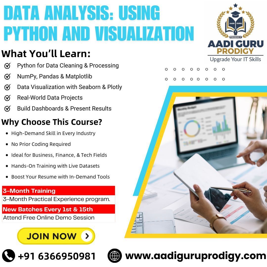aadiguruprodigy's tweet image. Learn Data Analysis Using Python!
Aadi Guru Prodigy’s 3-Month Training Covers:
✔ Pandas, NumPy, Matplotlib
✔ Seaborn, Plotly, Dashboards
✔ Real-World Projects
Register Now: aadiguruprodigy.com
#pythontraining #datavisualization #datasciencetools #businessanalytics