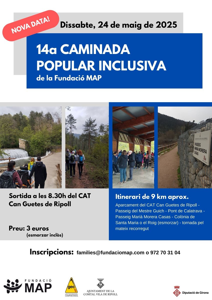 👣 Nova data de la 14a Caminada Popular Inclusiva de la Fundació MAP a #Ripoll.

🗓️ Dissabte 24 de maig
🕒 8.30 h
📍 Can Guetes

ℹ️ Inscripcions al correu families@fundaciomap.com o al telèfon 972 70 31 04. Preu: 3€ (esmorzar inclòs). Itinerari de 9 km aproximadament.