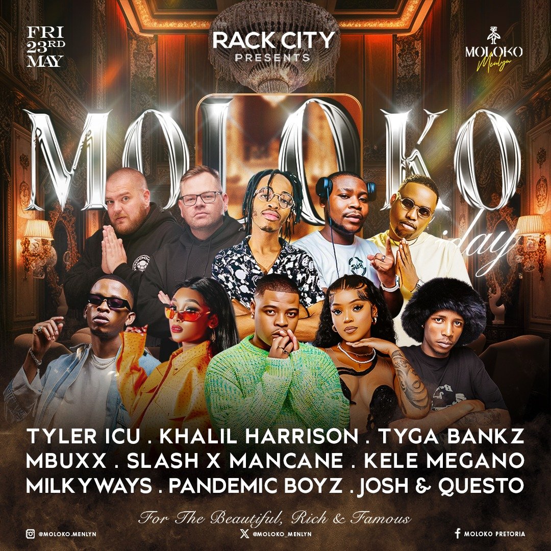 This Friday, we light up Moloko with a heavyweight lineup you don’t want to miss!

RACK CITY PRESENTS:
@tylericu @khalilharrison <a href="/tygabankz/">Gerald tygabankz</a> @mbuxx_za @slash_x_mancane <a href="/kelemegano/">kele megano</a> @milkkyways_ <a href="/pandemicboyz/">pandemicboyz</a> @joshandquesto

It’s MOLOKO FRIDAY — Doors open at 23:00
@Moloko_menl