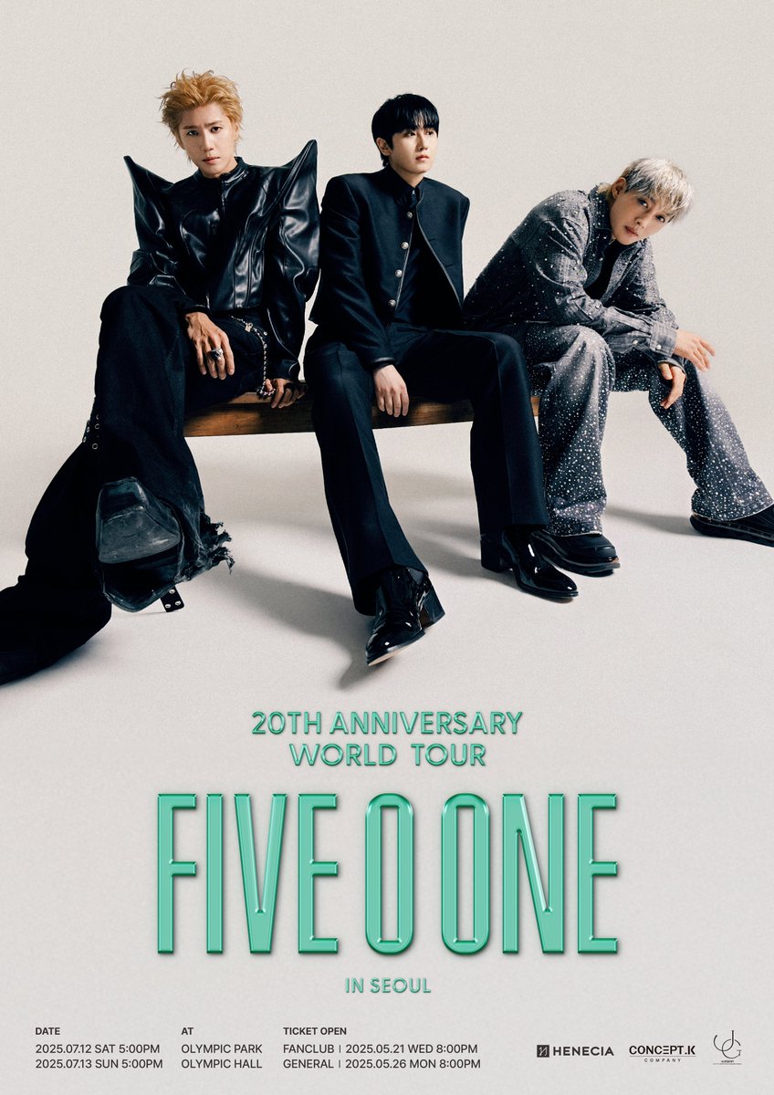 FIVEOONE_offcl's tweet photo. [POSTER]
2025 FIVE O ONE : 20th Anniversary World Tour In Seoul

🗓 2025.07.12 SAT 5:00PM
🗓 2025.07.13 SUN 5:00PM

📍 OLYMPIC PARK, OLYMPIC HALL

🔗 https://t.co/d7t2iewUX2

#FIVE_O_ONE #FIVEOONE #파이브오원 #CONCERT
#KIMHYUNJOONG #HEOYOUNGSAENG #KIMKYUJONG https://t.co/gkFGGPAuWT