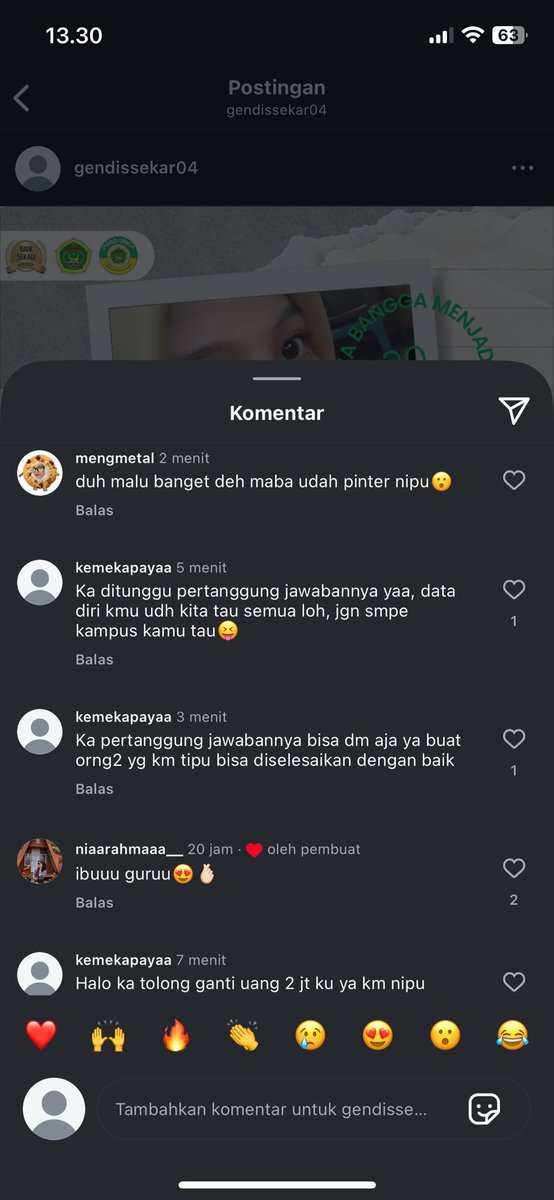 Halo semuanya aku ada update utk penipu ini, kita dr bbrp orng yg udh kena tipu dia, akhirnya mendapatkan 1 akun yg mnrt kita itu mencurigakan, dan trnyt bener kita udh kerja sm utk comment di kolom ignya dan bener aja dihapus. instagram.com/gendissekar04?… (utk yg mau silaturahmi😩🙏)