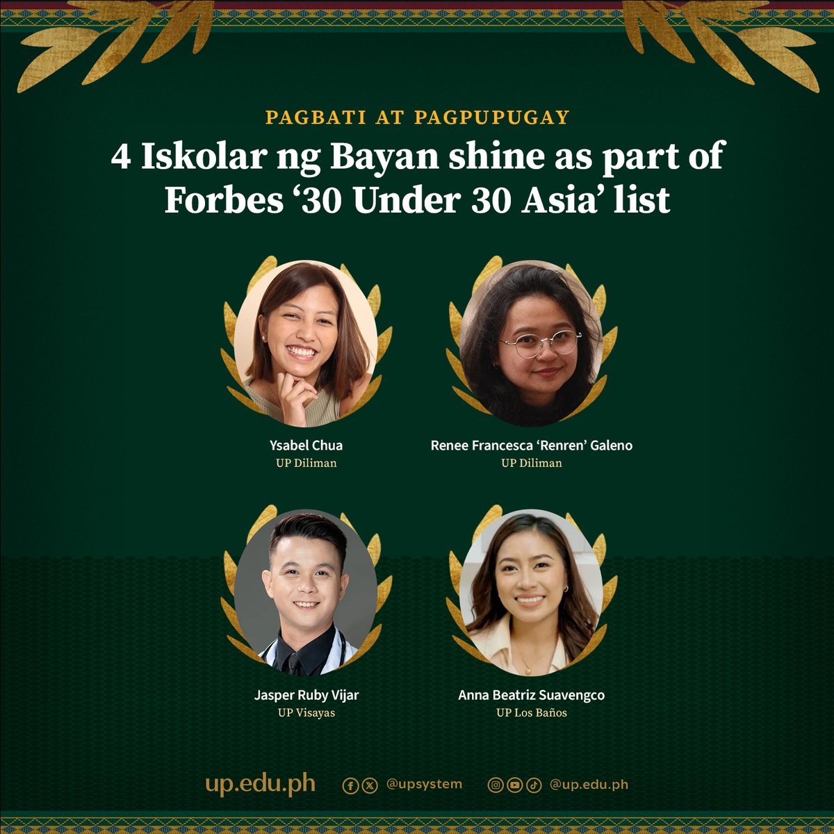 University of the Philippines (@upsystem) on Twitter photo 4 Iskolar ng Bayan are in Forbes' prestigious ‘30 Under 30 Asia’ list.
They are Ysabel Chua (<a href="/Official_UPD/">UP Diliman</a>), Renee Francesca ‘Renren’ Galeno (<a href="/Official_UPD/">UP Diliman</a>), Anna Beatriz Suavengco (<a href="/UPLBOfficial/">UP Los Baños</a>), and Jasper Ruby Vijar (<a href="/UPVisayas/">UP VISAYAS OFFICIAL</a>).
Read here: up.edu.ph/4-iskolar-ng-b… 4 Iskolar ng Bayan are in Forbes' prestigious ‘30 Under 30 Asia’ list.
They are Ysabel Chua (<a href="/Official_UPD/">UP Diliman</a>), Renee Francesca ‘Renren’ Galeno (<a href="/Official_UPD/">UP Diliman</a>), Anna Beatriz Suavengco (<a href="/UPLBOfficial/">UP Los Baños</a>), and Jasper Ruby Vijar (<a href="/UPVisayas/">UP VISAYAS OFFICIAL</a>).
Read here: up.edu.ph/4-iskolar-ng-b…