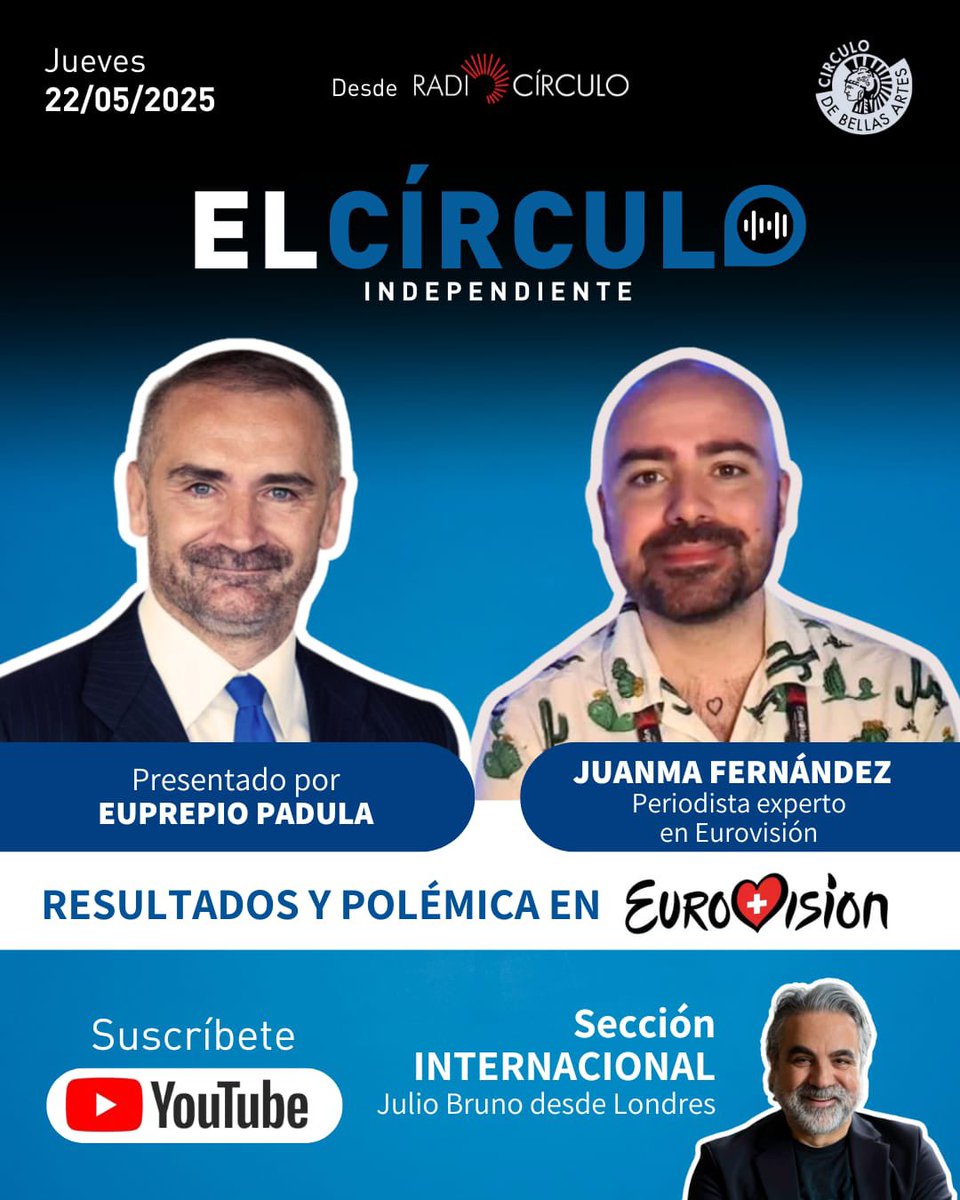 El Círculo Independiente (@elcirculoin) on Twitter photo 🔴 Nueva semana en #ElCirculoIndependiente!! Toma nota de la programación que os hemos preparado:
➡️ JUEVES: Hablamos de los resultados y la polémica que ha envuelto a #Eurovision con el periodista <a href="/juanmafdez/">JuanMa (MONT3RO) Fdez</a>.
youtube.com/@elcirculoinde… 🔴 Nueva semana en #ElCirculoIndependiente!! Toma nota de la programación que os hemos preparado:
➡️ JUEVES: Hablamos de los resultados y la polémica que ha envuelto a #Eurovision con el periodista <a href="/juanmafdez/">JuanMa (MONT3RO) Fdez</a>.
youtube.com/@elcirculoinde…