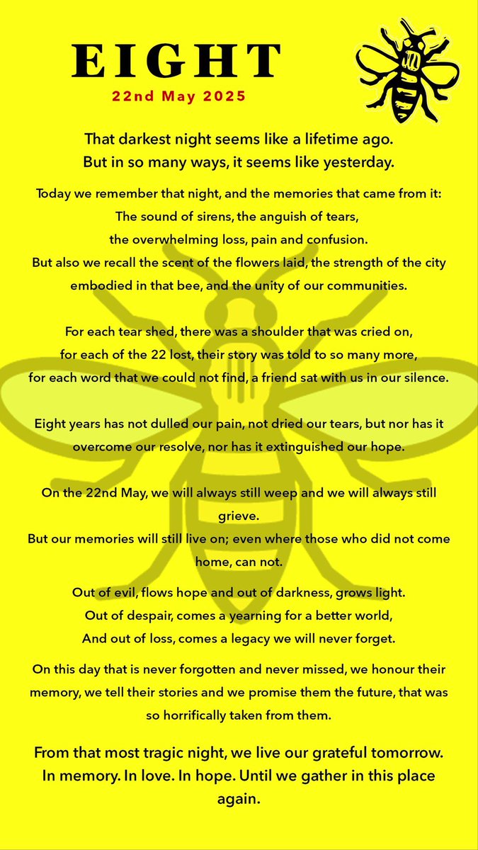 Today is the eighth anniversary of the terror attack at Manchester Arena. 

The city remembers the 22 who died that night and all those injured and affected.

We’ll be marking it as 12 noon and 22:31 at Manchester Victoria.
