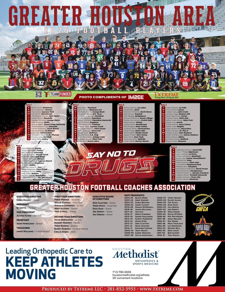 Charger Nation (@chargerschools) on Twitter photo Congrats to All-Star Florentino Diaz (row 2)🎉
2025 GHFCA Bayou Bowl annual #SayNoToDrugs poster.
98 schools from the Greater Houston Area will participate this year and show support for the organization and high school football!
<a href="/FlorentinoDT0/">Florentino Diaz</a>
<a href="/fulshear_fball/">Fulshear Football</a> <a href="/CoachHill_7/">stephen.hill</a> Congrats to All-Star Florentino Diaz (row 2)🎉
2025 GHFCA Bayou Bowl annual #SayNoToDrugs poster.
98 schools from the Greater Houston Area will participate this year and show support for the organization and high school football!
<a href="/FlorentinoDT0/">Florentino Diaz</a>
<a href="/fulshear_fball/">Fulshear Football</a> <a href="/CoachHill_7/">stephen.hill</a>