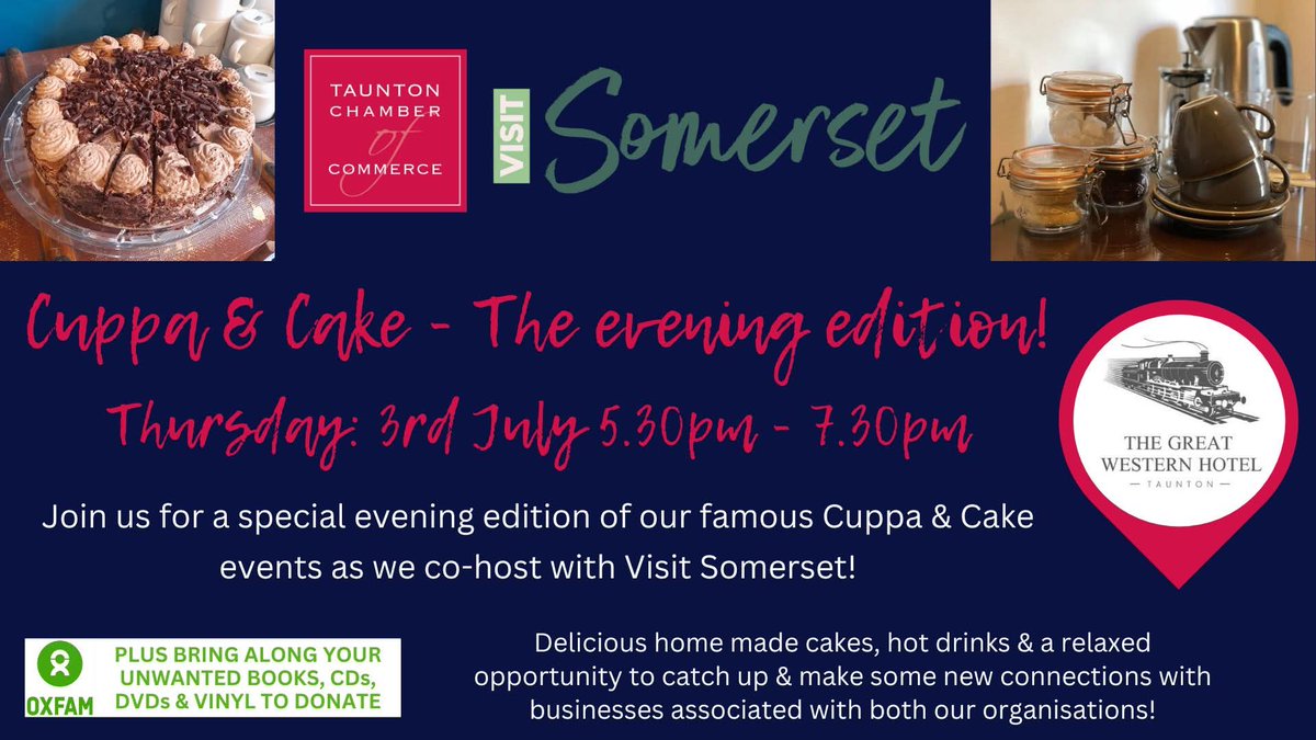 Taunton Chamber (@tauntonchamber) on Twitter photo Join us on 3rd July for a special evening edition of our famous Cuppa & Cake relaxed networking events as this time we co-host with <a href="/VisitSomerset/">Visit Somerset</a>, so you have even more opportunity to meet new businesses in the local area! BOOK HERE: eventbrite.co.uk/e/special-even…
<a href="/SomersetBizNews/">Visit Somerset: For Business</a> Join us on 3rd July for a special evening edition of our famous Cuppa & Cake relaxed networking events as this time we co-host with <a href="/VisitSomerset/">Visit Somerset</a>, so you have even more opportunity to meet new businesses in the local area! BOOK HERE: eventbrite.co.uk/e/special-even…
<a href="/SomersetBizNews/">Visit Somerset: For Business</a>