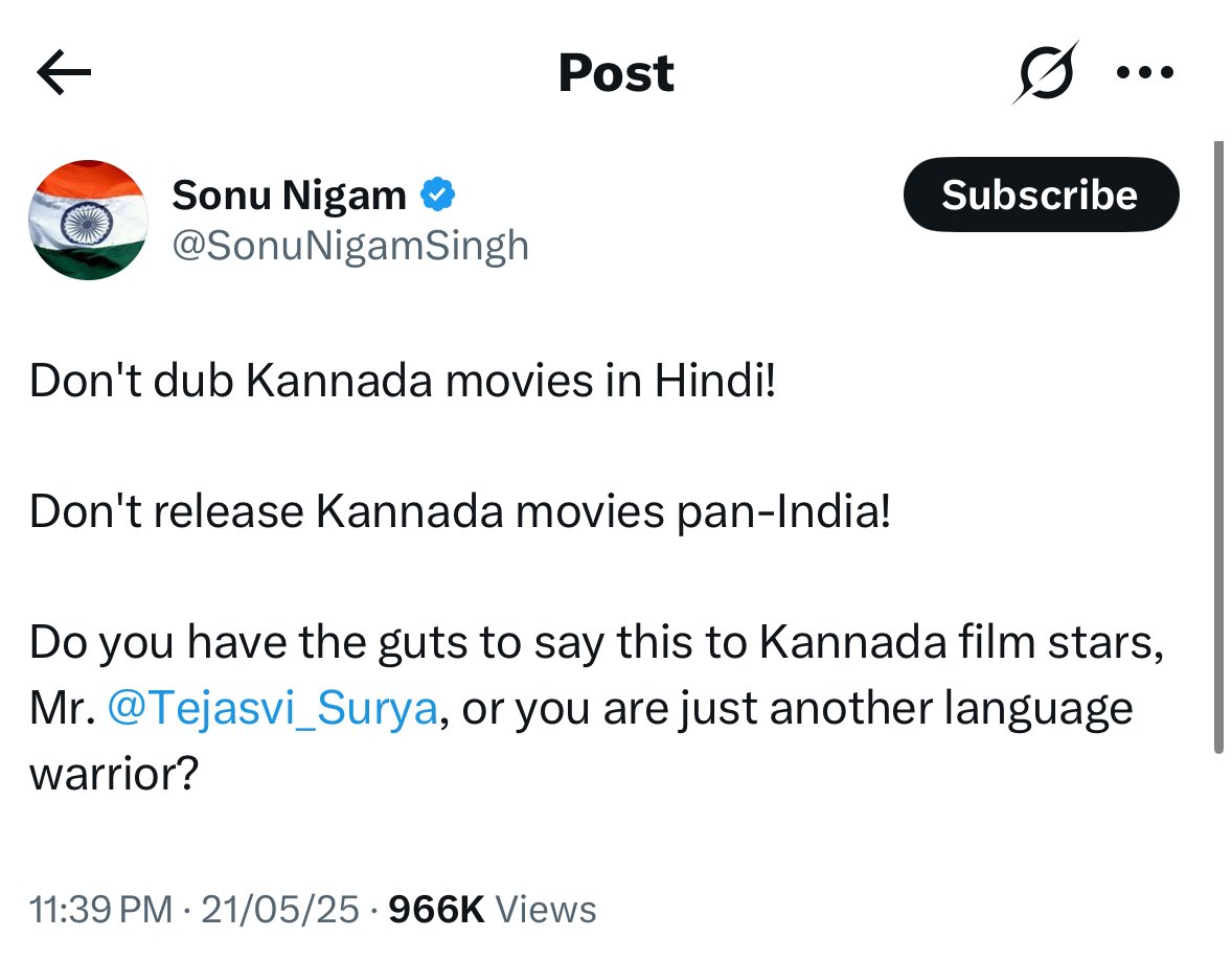 iAnkurSingh's tweet image. Indian Media is a Joke 🤡
India Today, Indian Express, Jansatta, etc. have made news saying Singer Sonu Nigam said don't dub Kannada movies in Hindi.
This was tweet by @SonuNigamSingh, not that singer.
They don't even check profile before running such news?