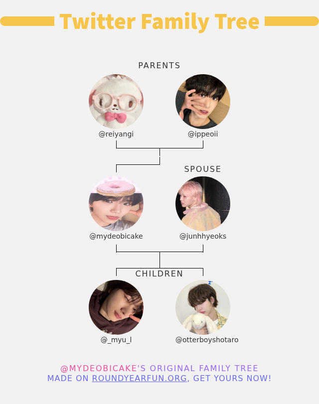 mydeobicake's tweet photo. 👨‍👩‍👧‍👦 My Twitter Family:
👫 Parents: @reiyangi @ippeoii
👰 Spouse: @junhhyeoks
👶 Children: @_myu_l @otterboyshotaro

➡️ https://t.co/9zLQ6FE1bX https://t.co/N3mZgrh0LZ