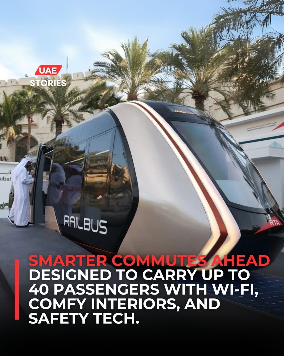 uaestories_'s tweet image. Dubai unveils its cutting-edge rail bus, blending train-like efficiency with bus-like flexibility. With AI tech, electric power, and sleek design, it promises faster, greener, and smarter commutes. 

#RailBus #SmartMobility #DubaiTransport #GreenCity #UAEstories