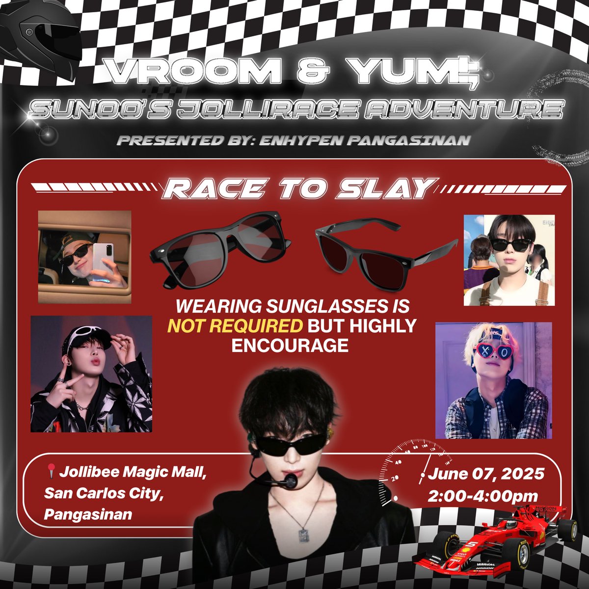 🏁 RACE TO SLAY! 🏁

🕶️ Encouraging everyone to bring your own eyeglass or shades to SLAY the look—no excuses, only 🔥 lewks on the track! 

Let’s race, rave, and run the runway!

🚦Registration Form: forms.gle/w5771ks7CWcPhm…

Get your slot now! See you there, Engenes!