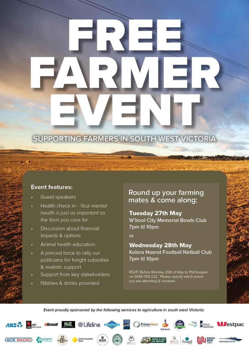 Farmer Event Supporting Farmers in South West Victoria

Two events one the 27th May in Warrnambool and the other 28th May in Noorat.

Health Check In
Financial Impacts
Animal Education
Key Stakeholder Support