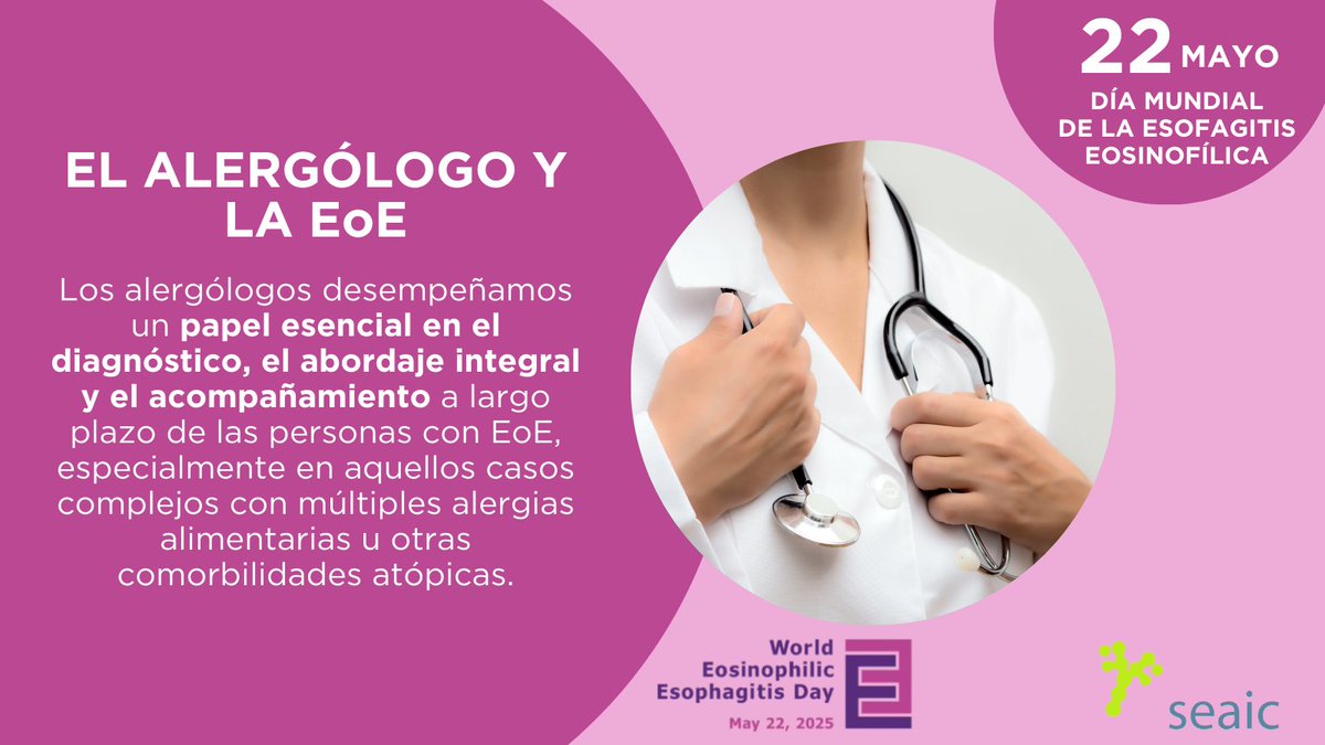 ⏳ En la #EoE, el diagnóstico puede tardar una media de 6 años, porque los síntomas —como la dificultad para tragar o el dolor al comer— suelen normalizarse.

👩‍⚕️ El papel del #alergólogo es fundamental para detectar la enfermedad y reducir ese retraso.

#DíaMundialEoE