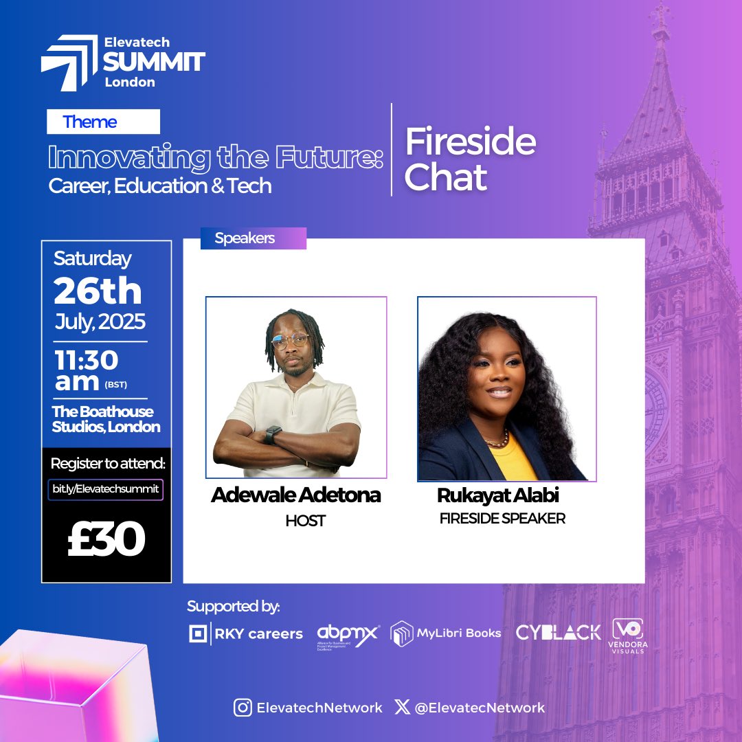 London Tech bros, Tech sis and Tech enthusiasts on X app, I can’t wait to see y’all at the #ElevatechSummit London 2025 in July.  

If you’re a mutual on the TL, would be lovely to hang out and chat at the event. 

Get your tickets here: bit.ly/Elevatechsummit