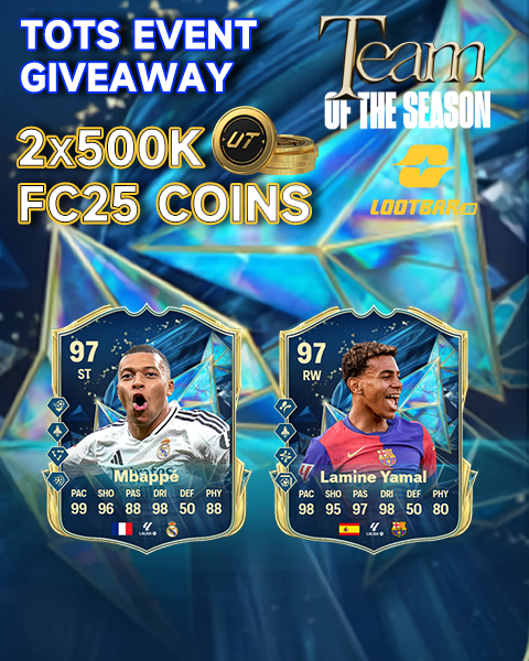LootBar_gg_FC25's tweet image. FC25 La liga 🇪🇸TOTS Giveaway
🏆Prizes: 2 x 500,000 FC25 Coins
⭐️⭐️2️⃣ Winners！⭐️⭐️
🔸To Enter：Follow👤+ Like❤+ RT🔄
🔸MUST FOLLOW：
@LootBar_gg_FC25

🔸Ends May 27th (UTC) 🔚 #fc25 #giveaway #lootbar