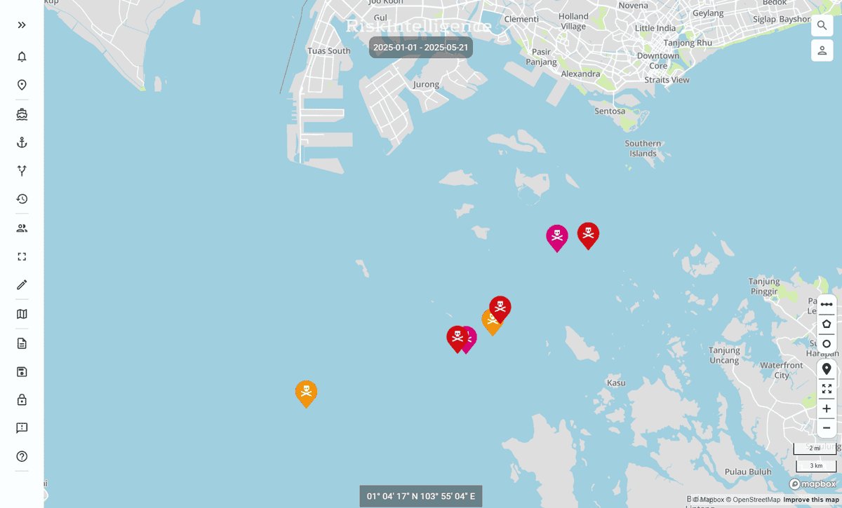 riskstaff's tweet image. #MARSEC: The uncharacteristic spate of boardings involving container ships navigating the eastbound lane of the Singapore Strait TSS that lasted from 13 March to 24 April appears to have subsided. Stay informed with the Risk Intelligence System >> bit.ly/43DdKaS