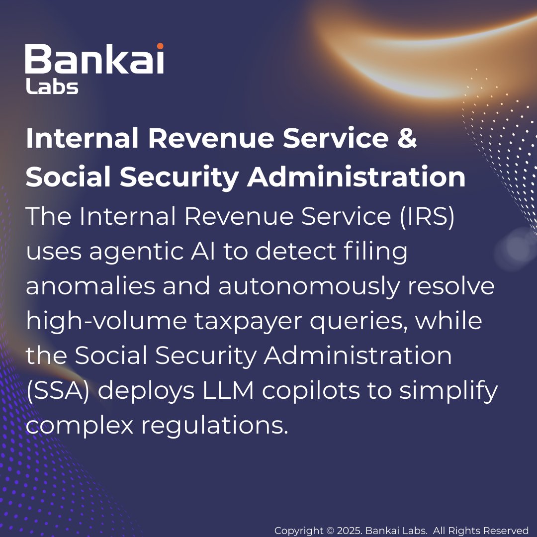 Bankailabs_'s tweet photo. Agentic artificial intelligence is already reshaping public services in the U.S. 
From disaster planning to healthcare and taxes, AI agents are working behind the scenes—retrieving, reasoning, and acting autonomously.

#agenticai #publicsectorai #bankailabs #llmsinaction https://t.co/pTVCcpfYwt