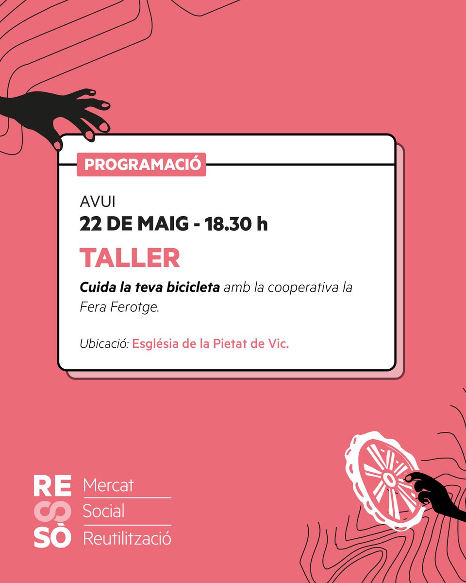 Ressò. Mercat social de la reutilització (@resso_mercat) on Twitter photo 🚲 La <a href="/feraferotgecoop/">La Fera Ferotge</a> fa un taller per aprendre tècniques de manteniment i reparació de la teva bicicleta urbana.
🕛 Serà al Ressò, a les 18.30 h.
<a href="/AssociacioTapis/">Associació Tapís</a> <a href="/Ashesvic/">Associació Ashes</a> <a href="/TruetaVic/">Fundació Dr. Trueta</a> <a href="/Arete_Fundacio/">Areté Economia Social</a> 🚲 La <a href="/feraferotgecoop/">La Fera Ferotge</a> fa un taller per aprendre tècniques de manteniment i reparació de la teva bicicleta urbana.
🕛 Serà al Ressò, a les 18.30 h.
<a href="/AssociacioTapis/">Associació Tapís</a> <a href="/Ashesvic/">Associació Ashes</a> <a href="/TruetaVic/">Fundació Dr. Trueta</a> <a href="/Arete_Fundacio/">Areté Economia Social</a>
