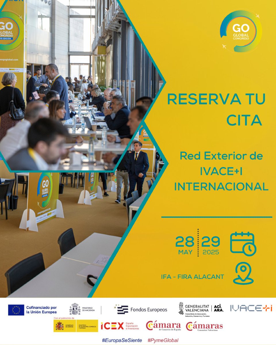 🌐Reserva tu cita en el Congreso Go Global con la Red Exterior de Ivace+i Internacional.

Aprovecha la oportunidad de recibir asesoría directa de especialistas en mercados internacionales para diseñar la mejor estrategia de expansión para tu negocio.

🔗 congresogoglobal.com