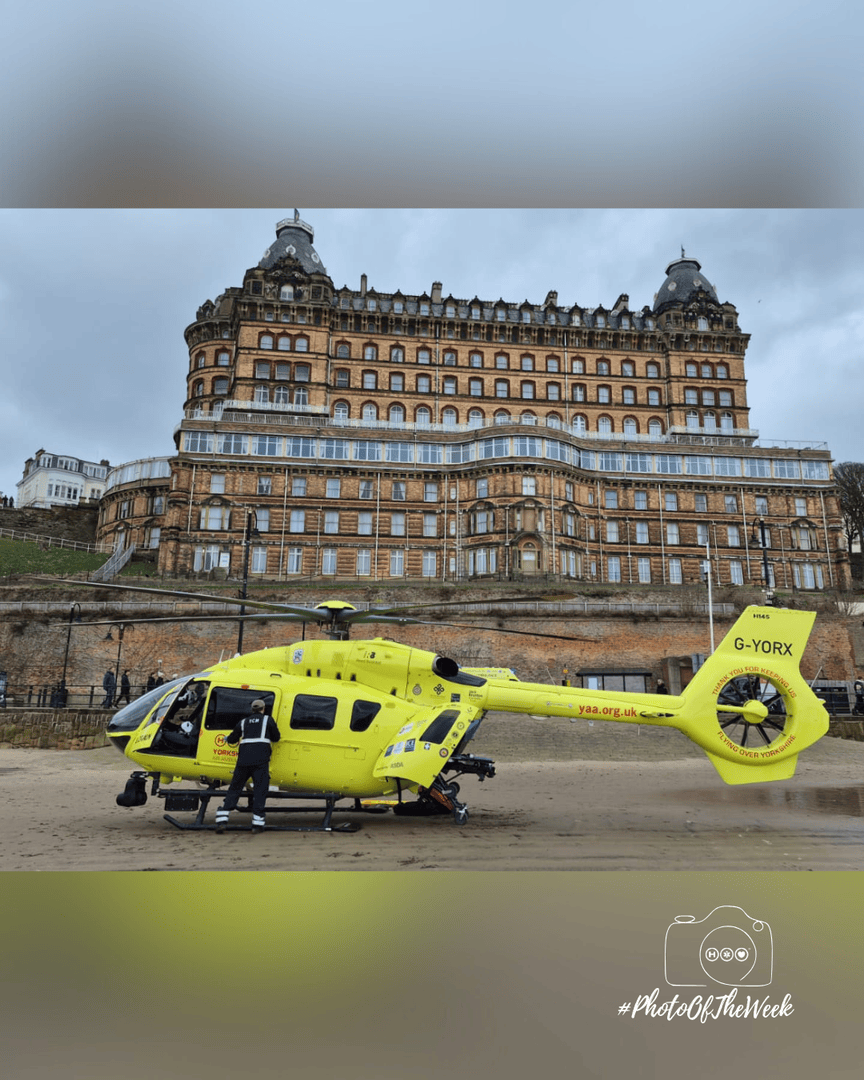 Pilot Garry submitted this week's #PhotoOfTheWeek, captured during a callout to an incident in Scarborough. He expertly landed the aircraft in front of the iconic Grand Hotel, which proudly overlooks the town’s harbour &amp; South Bay.

#ViewFromTheCrew #AlwaysReadyAlwaysThere