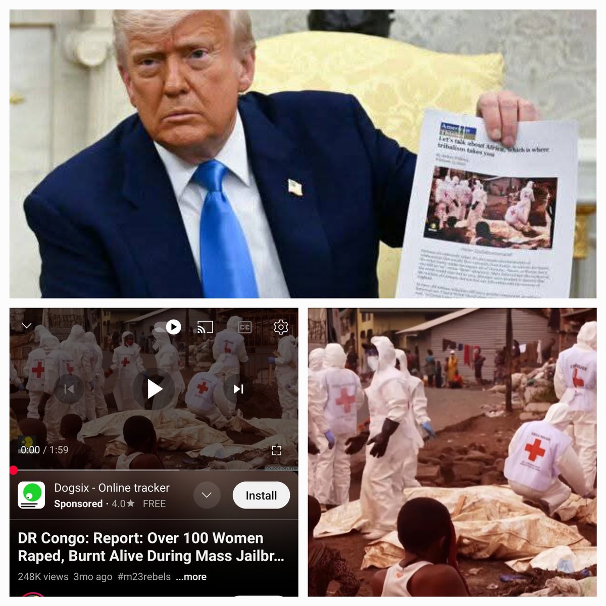 Donald Trump shares an article from the American Thinker  website with a YouTube screenshot from Congo and claims it is genocide farm murders from South Africa americanthinker.com/blog/2025/02/l…