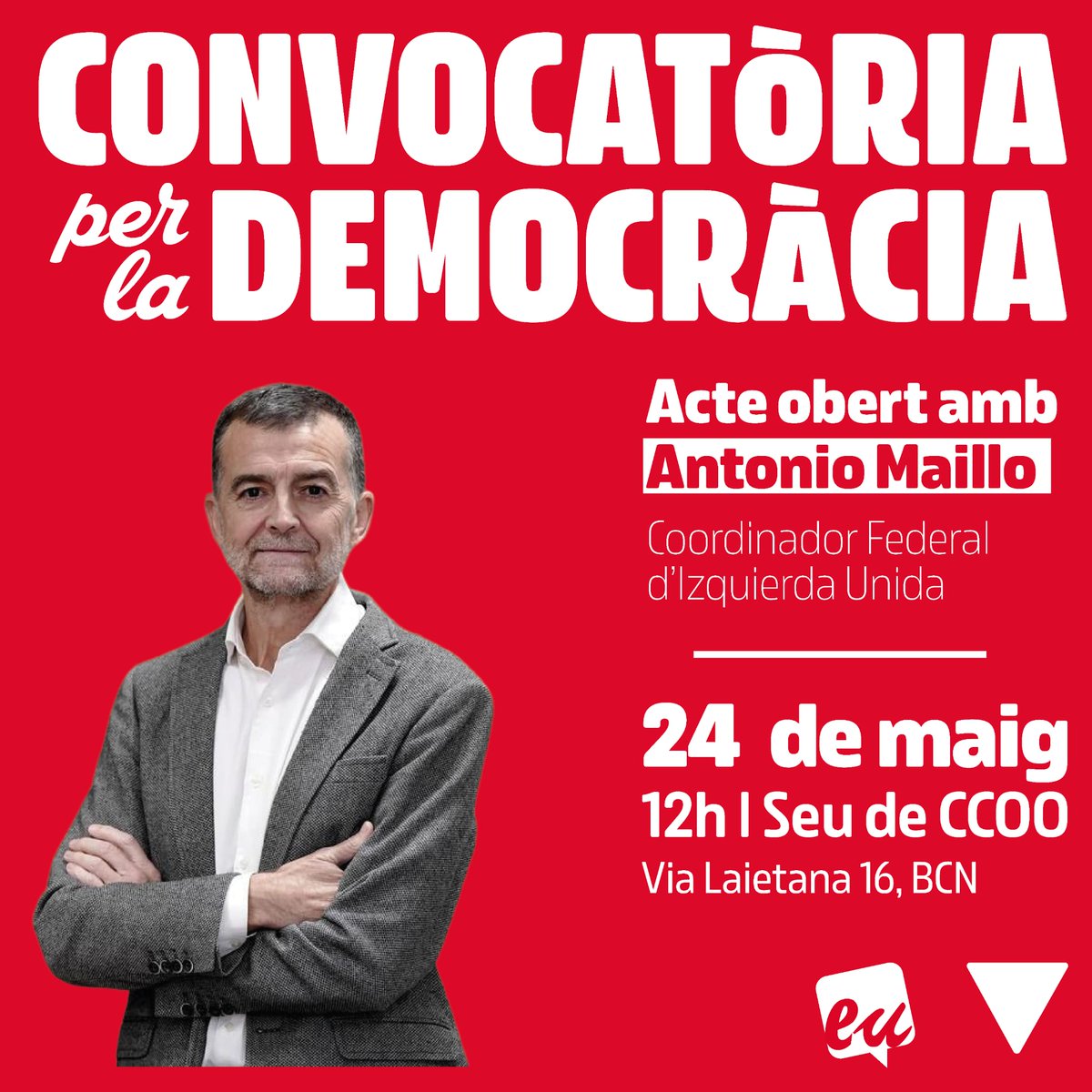 CONVOCATÒRIA PER LA DEMOCRÀCIA

📣 Una crida per aprofundir la democràcia amb reflexió col·lectiva, participació i aliances socials.

Acte obert amb <a href="/MailloAntonio/">Antonio Maíllo 🇪🇭🔻</a>

📅 24 de maig · 12h · 

📍Seu CCOO, BCN

#convocatoriaporlademocracia
#Barcelona #Antifascismo