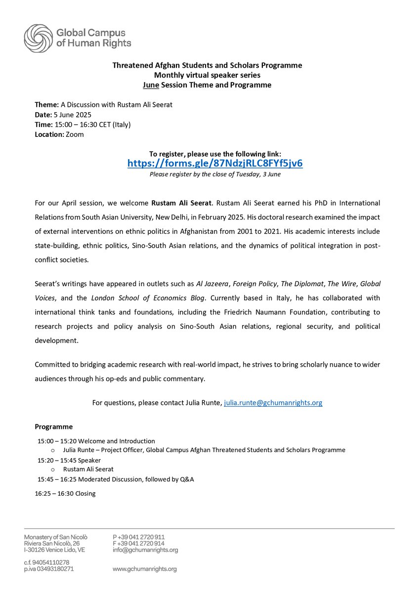 Global Campus of Human Rights (@gchumanrights) on Twitter photo 🎙️ Afghanistan Speaker Series – June Edition 🌍
Join us for a compelling session featuring <a href="/RustamSeerat/">Rustam Seerat</a>, as he unpacks #Afghanistan through the lens of international relations.
🗓️ Thursday, June 5
🕒 15:00–16:30 (local time)
📍 Online Event
🔗 Register now: 🎙️ Afghanistan Speaker Series – June Edition 🌍
Join us for a compelling session featuring <a href="/RustamSeerat/">Rustam Seerat</a>, as he unpacks #Afghanistan through the lens of international relations.
🗓️ Thursday, June 5
🕒 15:00–16:30 (local time)
📍 Online Event
🔗 Register now: