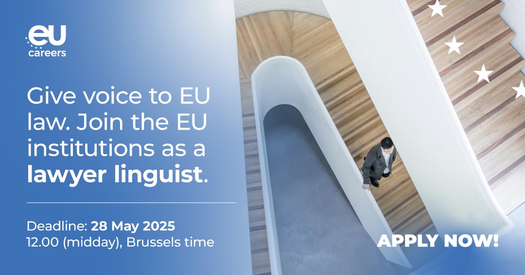 🚨LAST REMINDER! Apply now to join <a href="/EUCourtPress/">EU Court of Justice</a> as a lawyer-linguist! 

This opportunity is for you if you have:
🎓A law degree
🗣️Fluency in CS, DA, ET, FI, FR, IT, LV, or SV + 2 other EU languages

📅Deadline: 28 May, 12:00 (Luxembourg time)
🔗 europa.eu/!pvdddfcj