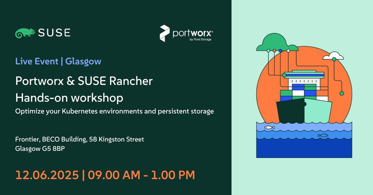 SUSE (@suse) on Twitter photo 📣 Join us in Glasgow, Scotland, at the next Stampede, a hands-on lab where you’ll experience live multi-cluster management with SUSE Rancher Prime and enterprise-grade storage with <a href="/portwx/">Portworx by Pure Storage</a> by Pure Storage. 👉 Save your spot today: okt.to/vPbRMe 📣 Join us in Glasgow, Scotland, at the next Stampede, a hands-on lab where you’ll experience live multi-cluster management with SUSE Rancher Prime and enterprise-grade storage with <a href="/portwx/">Portworx by Pure Storage</a> by Pure Storage. 👉 Save your spot today: okt.to/vPbRMe