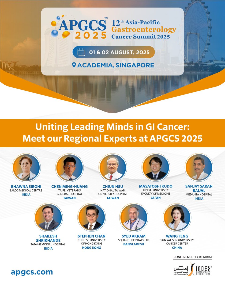 🌏 Meet the regional experts of #APGCS2025!

Join us in Singapore, Aug 1–2, as top minds from across Asia Pacific lead discussions on innovation in GI cancer care.

📍Academia, SGH Campus

#Oncology #GIcancer #MedicalConference #AsiaPacific