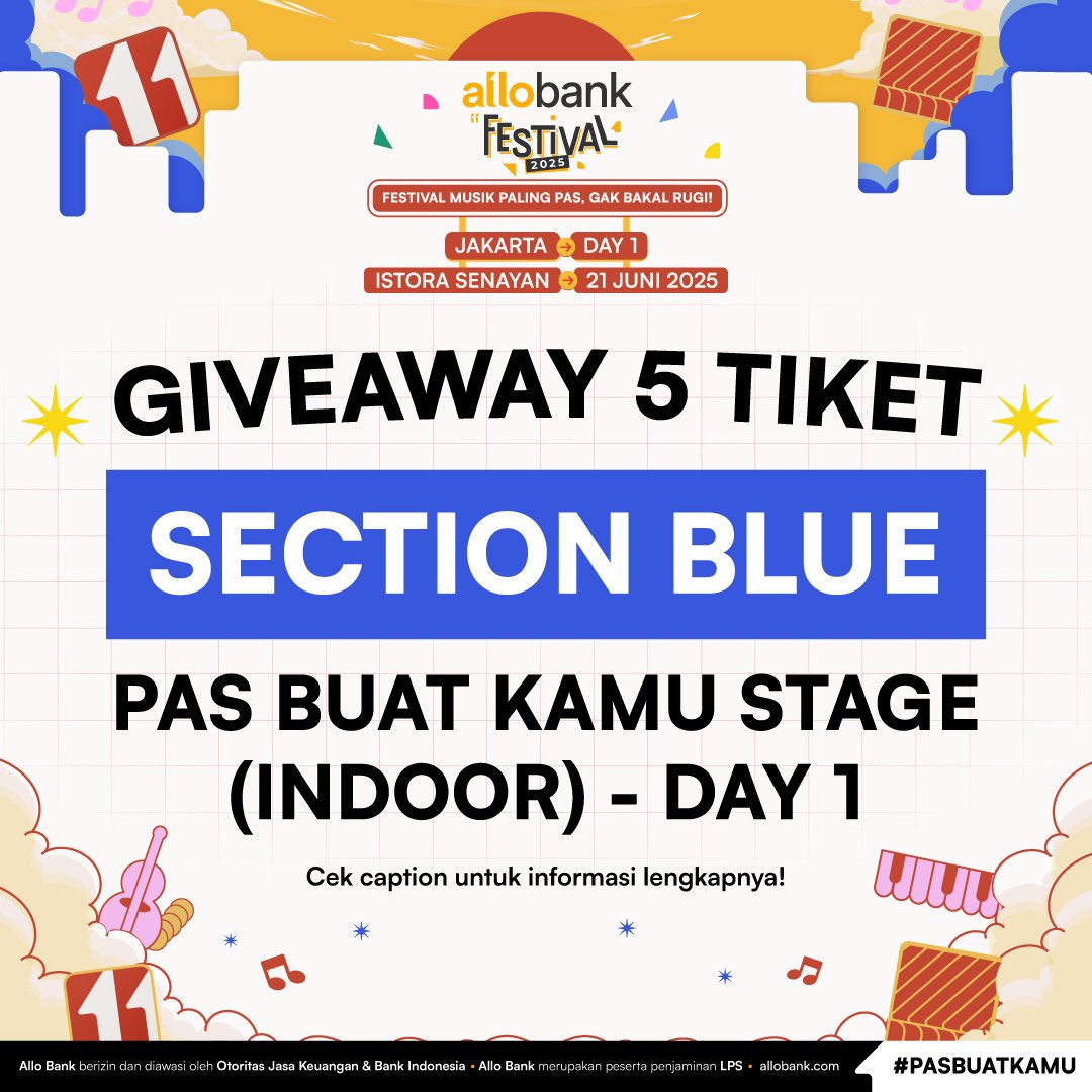 AlloBankID's tweet photo. PAKAI LIMIT ALLO PAYLATER KAMU SEKARANG DAN DAPATKAN TIKET SECTION BLUE DAY 1

Periode: 22 Mei 2025 18.00 WIB - 23 Mei 2025 18.00 WIB

Terms & Conditions 
1. Program ini berlaku untuk semua Allo Friends yang memiliki Allo PayLater
2. Transaksi menggunakan QRIS Allo PayLater di merchant favorit kamu dengan minimal transaksi Rp100.000 
3. Follow semua media sosial Allo Bank (Instagram, X, Youtube, TikTok)
4. Submit konfirmasi transaksi di https://t.co/Gu9If78NVE setiap kamu melakukan transaksi (1 kali transaksi 1 kali submit form)
5. Pemenang dipilih secara acak (Raffle)
6. Hanya untuk 5 Allo Friends beruntung

#AlloBankFestival2025
#Jakarta
#PasBuatKamu
