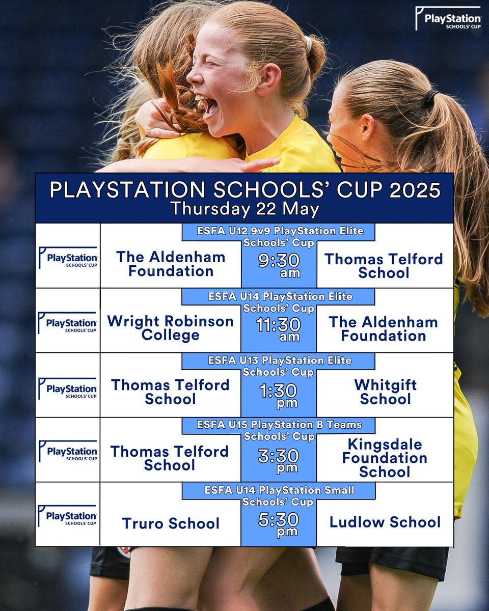 💥PlayStation Schools' Cup💥

Day 4 of the PlayStation Schools' Cup National Finals starts at 09:30am

09:30 <a href="/SchoolAldenham/">AldenhamSchoolFootball</a> v <a href="/tts_sport/">TTS Sport</a>
11:30 <a href="/College_wright/">Wright Robinson College</a> v <a href="/SchoolAldenham/">AldenhamSchoolFootball</a>
13:30 <a href="/tts_sport/">TTS Sport</a> v <a href="/whitgiftsport/">Whitgift Sport</a> 
15:30 <a href="/tts_sport/">TTS Sport</a> v Kingsdale Foundation School
17:30 <a href="/truroschool/">Truro School</a> v