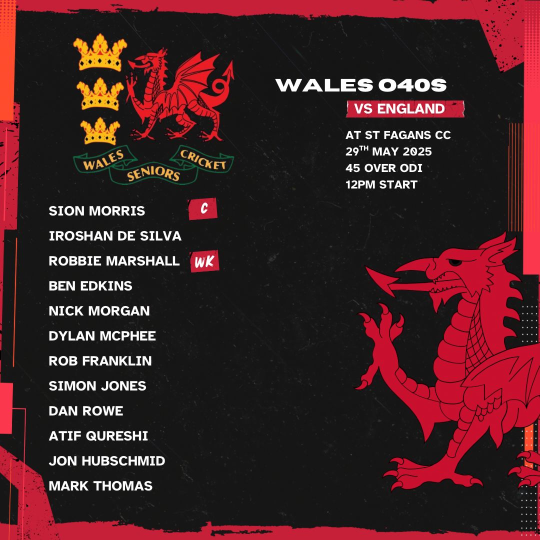 Wales Over 40s Cricket (@walesover40s) on Twitter photo Our 2025 international matches begin next week at <a href="/StFagansCricket/">St Fagans Cricket Club 🦌🏏</a> with a 45 over ODI vs <a href="/Eng40sCricket/">England Over 40s Cricket</a> .
Congratulations and pob lwc to all selected 👏🏏🏴 Our 2025 international matches begin next week at <a href="/StFagansCricket/">St Fagans Cricket Club 🦌🏏</a> with a 45 over ODI vs <a href="/Eng40sCricket/">England Over 40s Cricket</a> .
Congratulations and pob lwc to all selected 👏🏏🏴