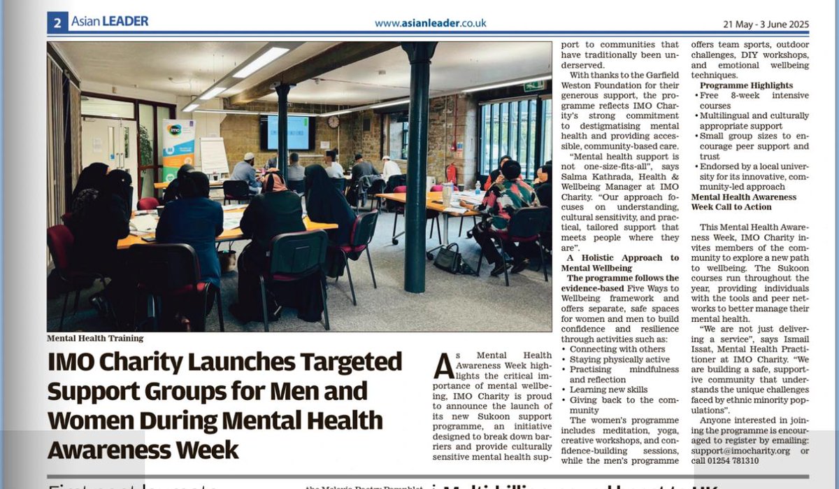 IMO Charity (@imocharity) on Twitter photo 🚀 Excited to launch SUKOON, our new wellbeing programme for men & women in <a href="/blackburndarwen/">Blackburn with Darwen Council</a>!
🌿 Culturally sensitive & holistic, rooted in the 5 Ways to Wellbeing model, creating safe spaces for change.
📖 More on p.2 ➡️ online.fliphtml5.com/vxbbt/tjdn/
🙏 Thanks <a href="/WestonFdn/">Garfield Weston Foundation</a> <a href="/mentalhealth/">Mental Health Foundation</a> 🚀 Excited to launch SUKOON, our new wellbeing programme for men & women in <a href="/blackburndarwen/">Blackburn with Darwen Council</a>!
🌿 Culturally sensitive & holistic, rooted in the 5 Ways to Wellbeing model, creating safe spaces for change.
📖 More on p.2 ➡️ online.fliphtml5.com/vxbbt/tjdn/
🙏 Thanks <a href="/WestonFdn/">Garfield Weston Foundation</a> <a href="/mentalhealth/">Mental Health Foundation</a>