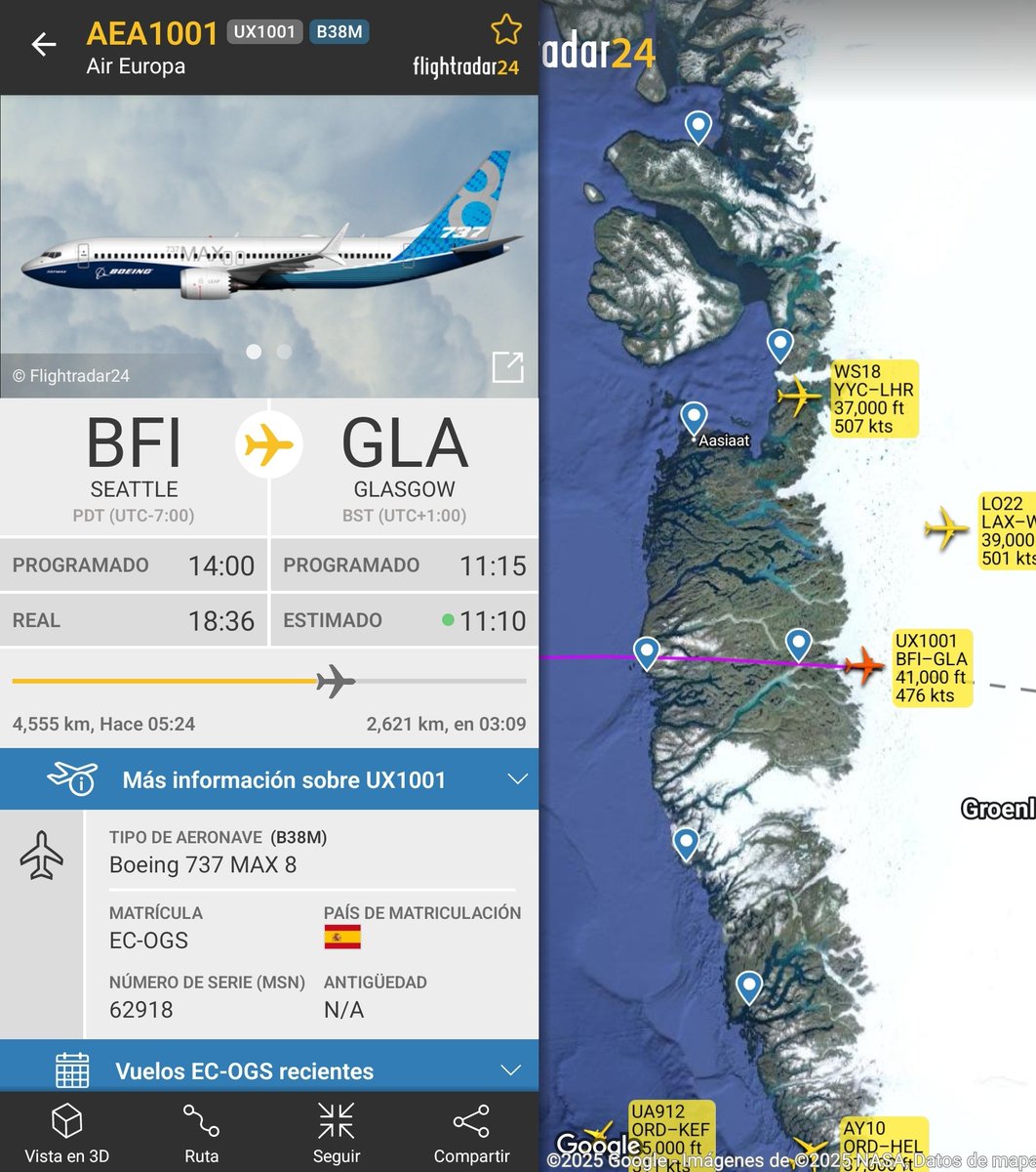¡El primer 737 MAX ya está camino de España! Esta primera unidad para Air Europa es el MSN 62918 y LN 9092 que realizó su primer vuelo el 23 de abril del 2025 y está registrado como EC-OGS y es el primero entregado del total de 20 unidades pedidas por la compañía española.