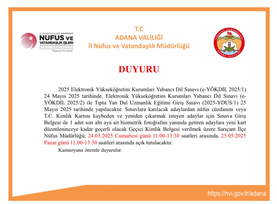 Sınava girecek adaylara başarılar dileriz. 
<a href="/TCNufus/">Nüfus ve Vatandaşlık İşleri Genel Müdürlüğü</a> <a href="/TCAdanaValiligi/">T.C. Adana Valiliği</a> <a href="/sakippehlivan/">SAKİP PEHLİVANOĞLU</a>