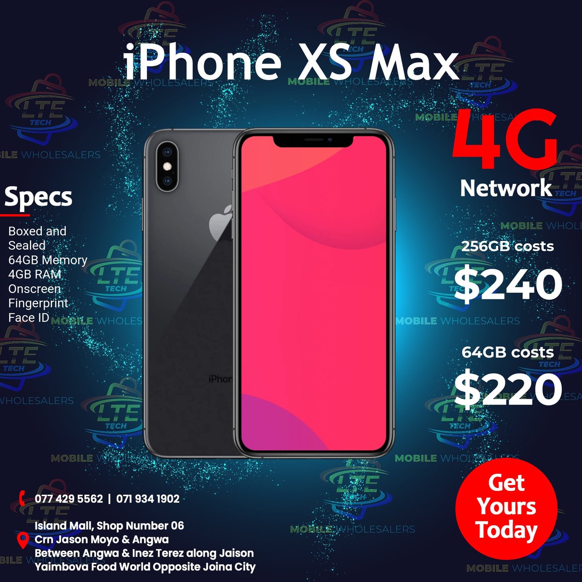 LTEtech_Boss's tweet photo. Experience innovation with the iPhone XS Max - 256GB storage, 4GB RAM, and dual security features! Ready to tech up? #StayConnected https://t.co/IUWUe8ccVv