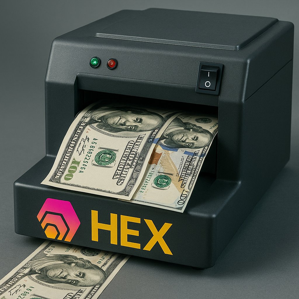 Straight out from ChatGPT. "A money printer with a HEX logo."