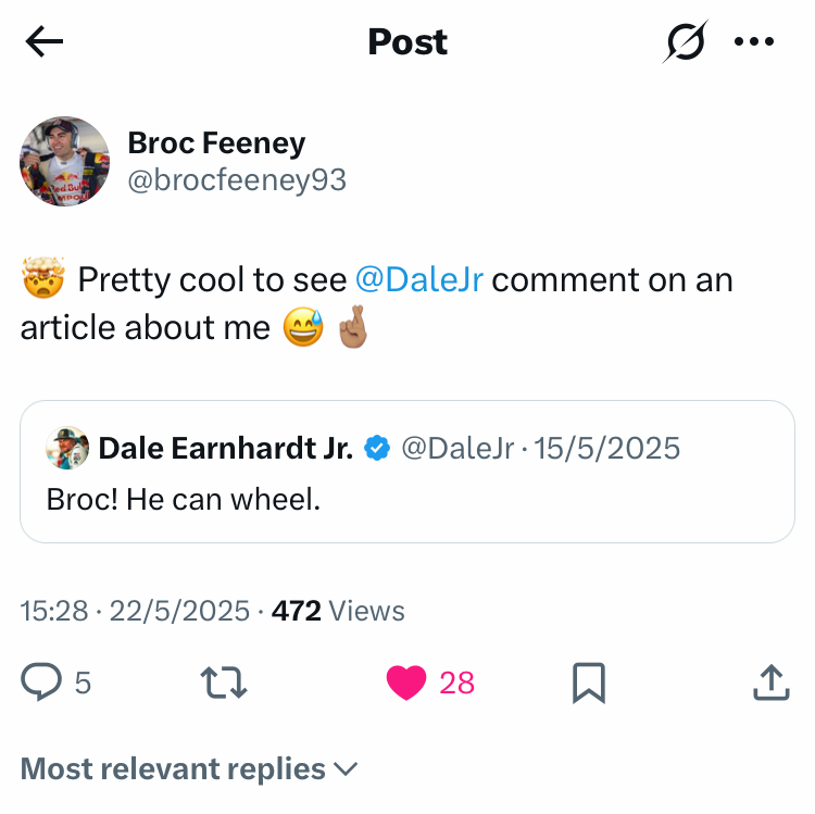 Auto_Action's tweet photo. DALE JR WANTS FEENEY NASCAR DRIVE

NASCAR superstar Dale Earnhardt Jr has offered a glimpse of not only his Supercars following, but his praise of Triple Eight young gun Broc Feeney.

#Motorsport #Supercars #NASCAR #Feeney #EarnhardtJr #DaleJr #Triple8 https://t.co/7QrPWO3e8b
