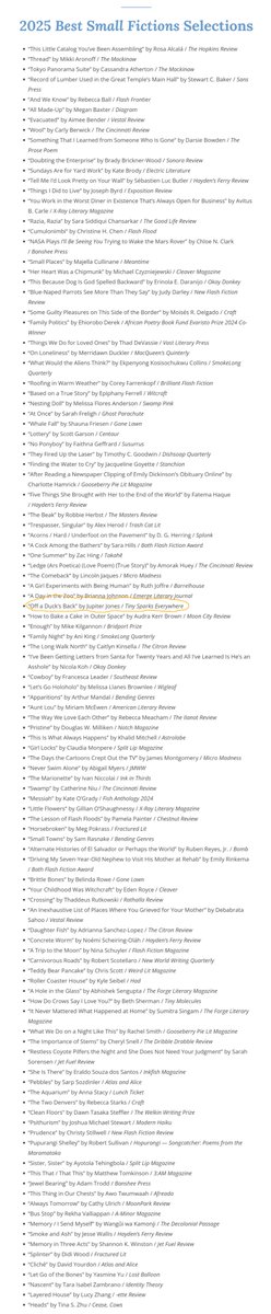 Jupiter Jones (@jupiterjonz) on Twitter photo 2025 Best Small Fictions
Of all the lists to be on ... this one is a good one!
thanks to <a href="/nationalflashfd/">National Flash Fiction Day</a> and huge congrats to all the other writers and litmags on the list including <a href="/sarahillswrites/">Sara Hills</a> <a href="/BathFlashAward/">Bath Flash Fiction</a> <a href="/TrashCatLit/">TrashCatLit **SUBS OPEN**</a> <a href="/JudyDarley/">Judy Darley</a> <a href="/bsherm36/">Beth Sherman</a> <a href="/JDMontgomery_/">James Montgomery</a> <a href="/lumchanmfa/">Melissa Llanes Brownlee</a> 2025 Best Small Fictions
Of all the lists to be on ... this one is a good one!
thanks to <a href="/nationalflashfd/">National Flash Fiction Day</a> and huge congrats to all the other writers and litmags on the list including <a href="/sarahillswrites/">Sara Hills</a> <a href="/BathFlashAward/">Bath Flash Fiction</a> <a href="/TrashCatLit/">TrashCatLit **SUBS OPEN**</a> <a href="/JudyDarley/">Judy Darley</a> <a href="/bsherm36/">Beth Sherman</a> <a href="/JDMontgomery_/">James Montgomery</a> <a href="/lumchanmfa/">Melissa Llanes Brownlee</a>