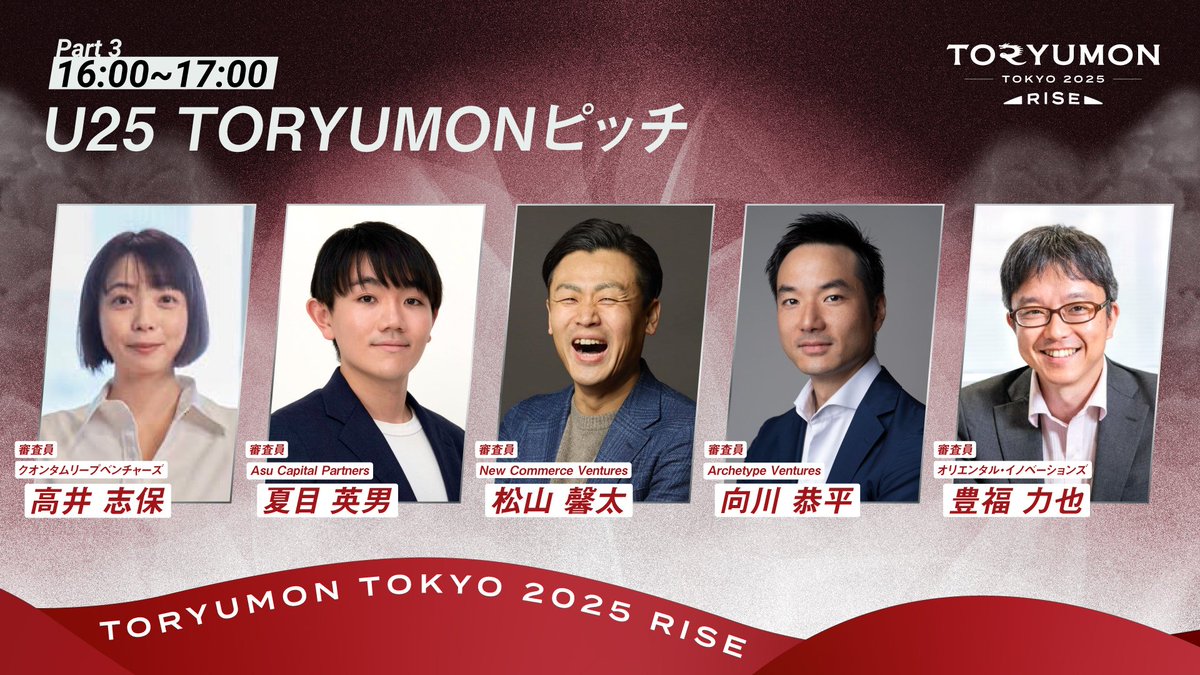 TORYUMON_FV's tweet photo. 🔥6/28(土)開催🔥
TORYUMON TOKYO 2025 RISE 🐉
第2部 VCリバースピッチ登壇VC、
第3部 U25 TORYUMONピッチ審査員決定🔔

［第2部］
VCリバースピッチ
Archetype Ventures（@archetype_vc）
Asu Capital Partners（@HideoNw）
千葉道場ファンド（@kohirotaco）
F Ventures（@Fventures_jp）
New Commerce Ventures（@KTMY0507）
農金中金キャピタル
松竹ベンチャーズ
TRUST SMITH & CAPITAL（@shocolt）

［第3部］
U25ピッチ審査員
高井志保 様　クオンタムリープベンチャーズ（@shi_ta0823）
夏目英男 様　Asu Capital Founding（@HideoNw）
松山馨太 様　New Commerce Ventures（@KTMY0507）
向川恭平 様　Archetype Ventures（@kyohei77）
豊福 力也 様　オリエンタルランド・ベンチャーズ

〈TORYUMON TOKYO 2025 RISE 概要〉
🗓️日時：2025年6月28日(土) 12:45~19:45
📍会場：東京ポートシティ竹芝 ポートホール
🗾住所：東京都港区海岸１丁目７−１
　 東京ポートシティ竹芝 オフィスタワー1階（https://t.co/a8tcfgfOk9）
🚎アクセス：https://t.co/MXtBpWtYTP

〈ステージコンテンツ当日スケジュール〉
12:15〜12:45　入場開始
12:45〜13:00　オープニング
13:00〜14:00　第1部　トークセッション
14:00〜14:30　交流会①
14:30〜15:00　第2部　VCリバースピッチ
15:00〜16:00　交流会②
16:00〜17:00　第3部　U25 TORYUMONピッチ
17:00〜17:30　交流会③
17:30〜18:30　第4部　トークセッション
18:30〜18:45　クロージング・結果発表
18:45〜19:45　交流会④

申し込みフォーム：https://t.co/OitHPd5yIY
PR TIMES：https://t.co/e5J4KGndzj