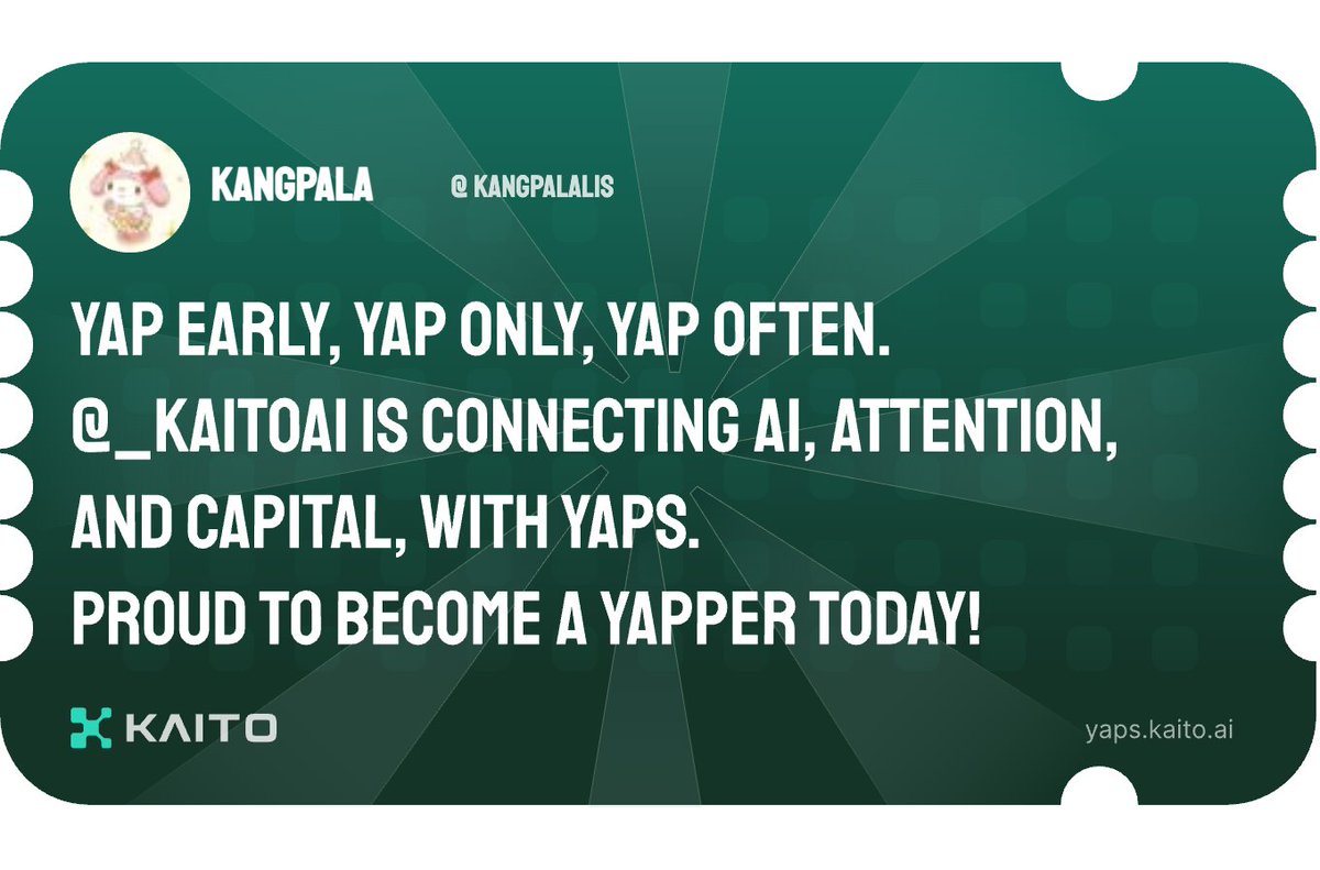 kangpalalis's tweet photo. Yap early, yap only, yap often.

@KaitoAI is connecting AI, attention and capital with Yaps.

Just claimed my social card and I'm accumulating Yap points in real-time.

Claim yours 👉 https://t.co/8GmIxWuhJe https://t.co/4F4hhVtUOT