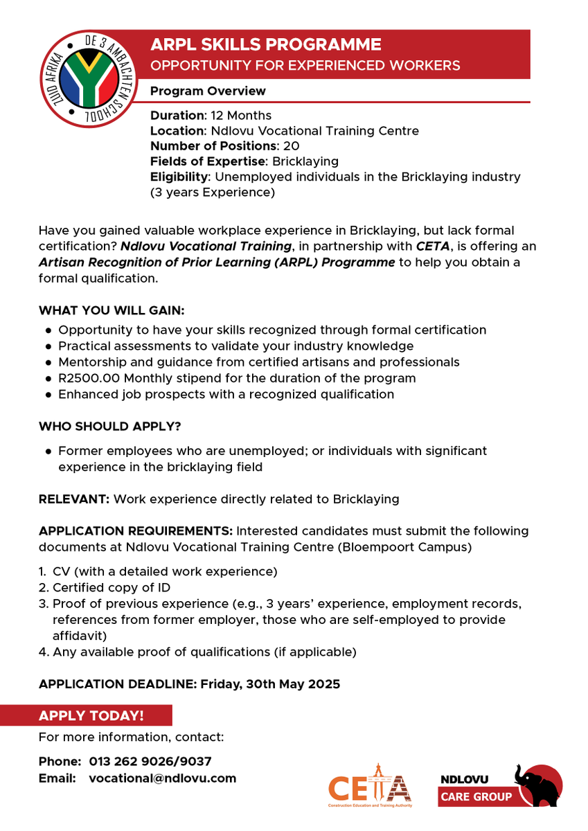 Our ARPL Skills Programme is your opportunity to gain recognition for your skills and experience in the bricklaying industry. This programme helps you become a qualified Artisan (Bricklaying):
~ Recognition of Skills
~ Supportive Training Environment
~ Industry-aligned Assessment
