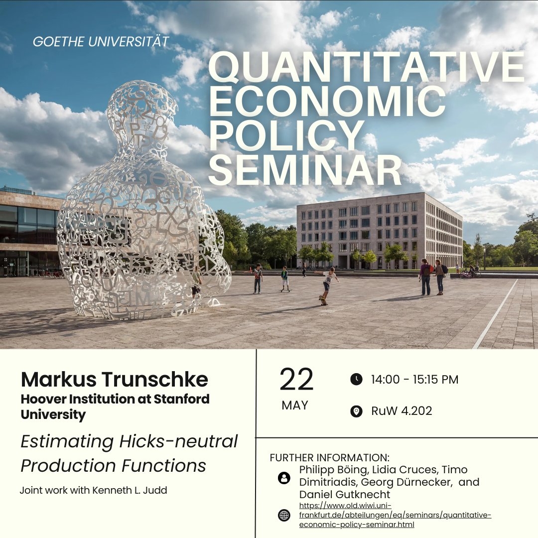 Lidia Cruces (@lidia_cruces_) on Twitter photo 📢 Today at 2:00 PM, Goethe University: Markus Trunschke (<a href="/MTrunschke/">Markus Trunschke</a>) presents "Estimating Hicks-neutral Production Functions" (joint with Kenneth L. Judd).
Organized with <a href="/Philipp_Boeing/">Philipp Boeing</a>, <a href="/GeorgDuernecker/">Georg Duernecker</a>
& @GutknechtEco 📢 Today at 2:00 PM, Goethe University: Markus Trunschke (<a href="/MTrunschke/">Markus Trunschke</a>) presents "Estimating Hicks-neutral Production Functions" (joint with Kenneth L. Judd).
Organized with <a href="/Philipp_Boeing/">Philipp Boeing</a>, <a href="/GeorgDuernecker/">Georg Duernecker</a>
& @GutknechtEco
