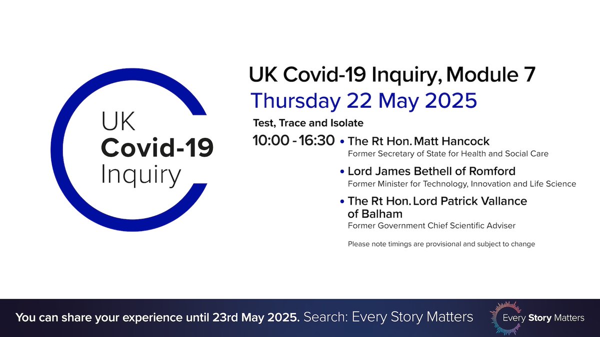 covidinquiryuk's tweet image. /1 Today, at public hearings for Test, Trace and Isolate (Module 7) we hear evidence from four witnesses: Matt Hancock, Lord James Bethell of Romford and Lord Patrick Vallance of Balham.