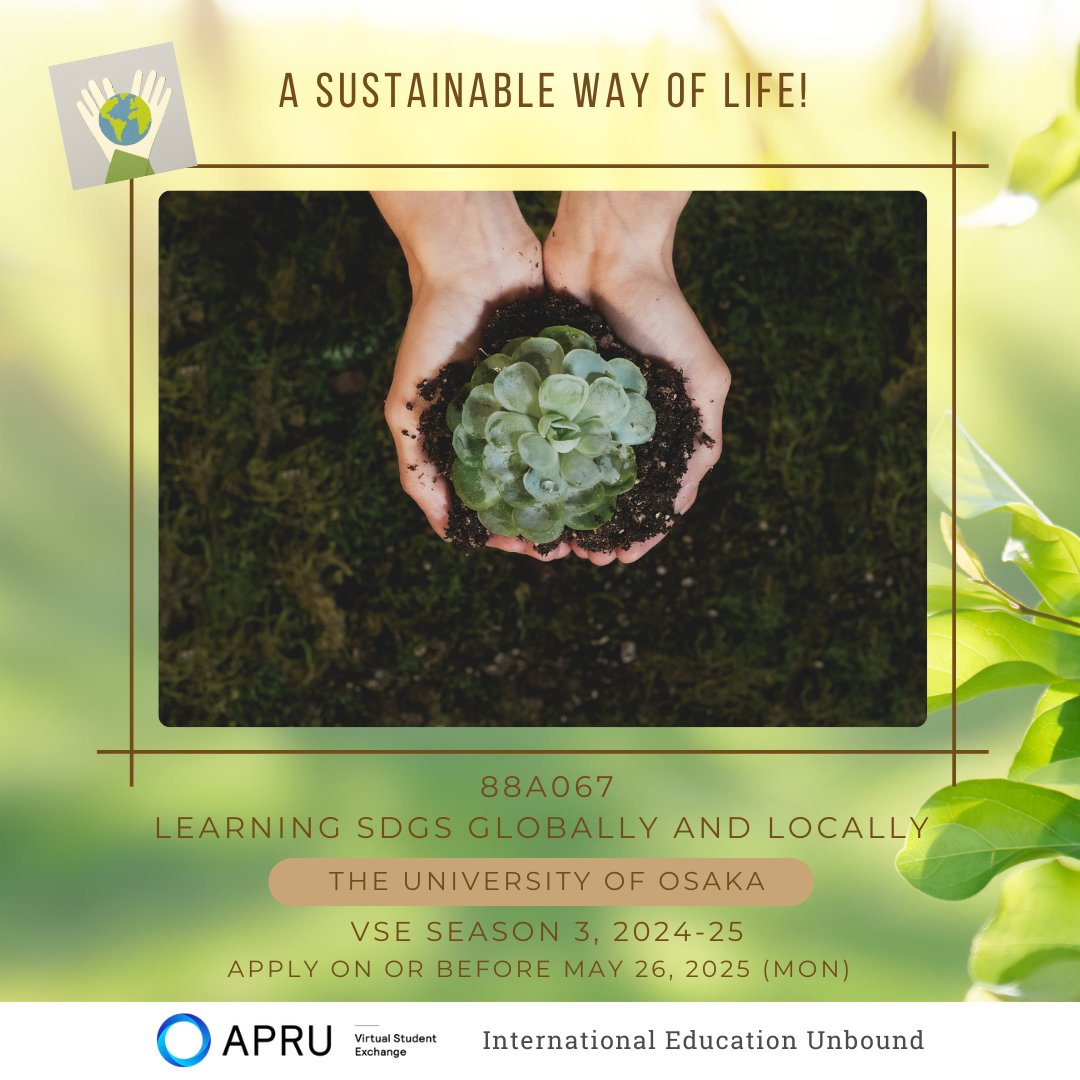 APRU Virtual Student Exchange Program (VSE) (@apruvse) on Twitter photo Want to make our planet a more liveable place? Donโt miss the opportunity to learn about sustainable development from a global perspective with <a href="/osaka_univ_e/">The University of Osaka</a> in #APRU_VSE Season 3, 2024-25!๐ฑ๐
More details at vse.apru.org/osaka-s32425
<a href="/APRU1997/">APRU</a> #APRU
#VSE #VirtualStudentExchange Want to make our planet a more liveable place? Donโt miss the opportunity to learn about sustainable development from a global perspective with <a href="/osaka_univ_e/">The University of Osaka</a> in #APRU_VSE Season 3, 2024-25!๐ฑ๐
More details at vse.apru.org/osaka-s32425
<a href="/APRU1997/">APRU</a> #APRU
#VSE #VirtualStudentExchange
